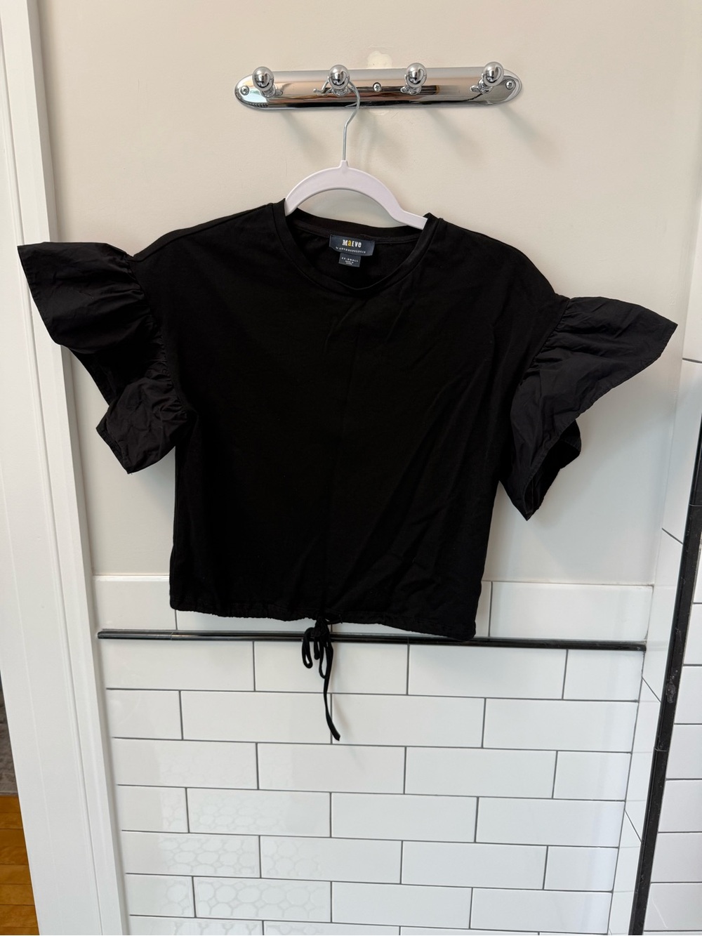 Anthropologie Black Ruffle Sleeve Drawstring Crop Top